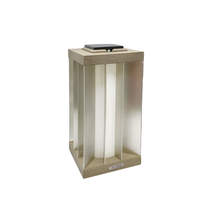 Beige solar lantern with a black platform on a white background