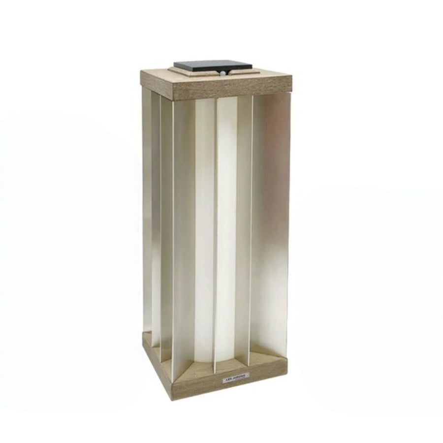 Rectangular solar lantern with a wooden top on a white background