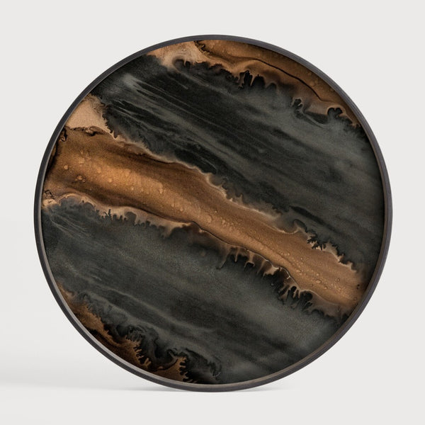 Round wooden wall art panel cum serving tray  with black and brown marbled pattern on a white background
