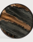 Round wooden wall art panel cum serving tray  with black and brown marbled pattern on a white background