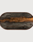 Rectangular brown and black wood and glass tray on a light gray background