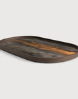 Wooden tray with a natural finish on a light gray background