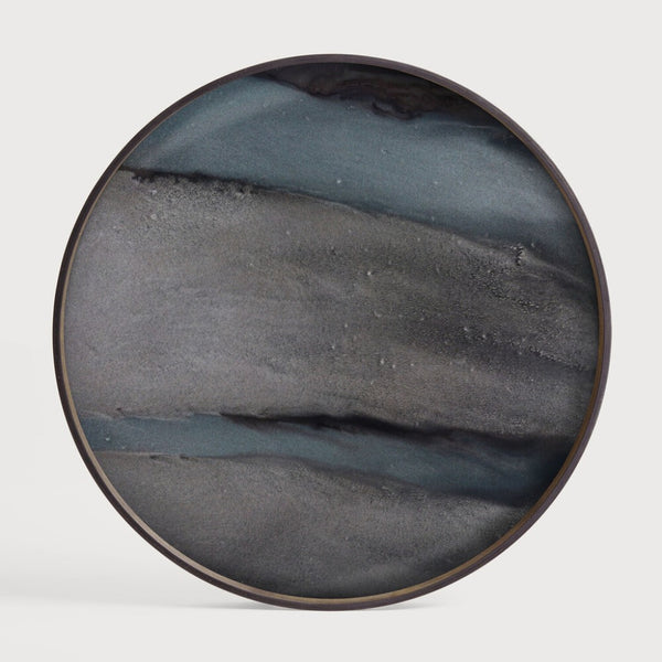 Round wall art panel cum serving tray with gradient blue and gray design on a white background