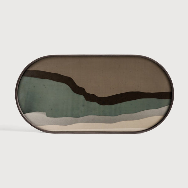 Rectangular wall art cum serving tray with layered color design on a white background