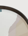 Wabisabi theme round wall art cum serving tray with a wooden frame on a light gray background