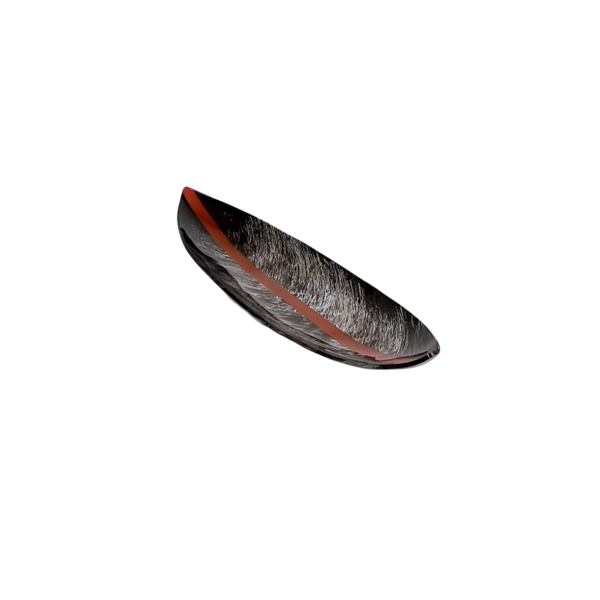 Black and red boat shape glass platter on a white background with a modern artwork and red dividing line by Evans Atelier available at Spacio retail stores in Mumbai & Kolkata. 