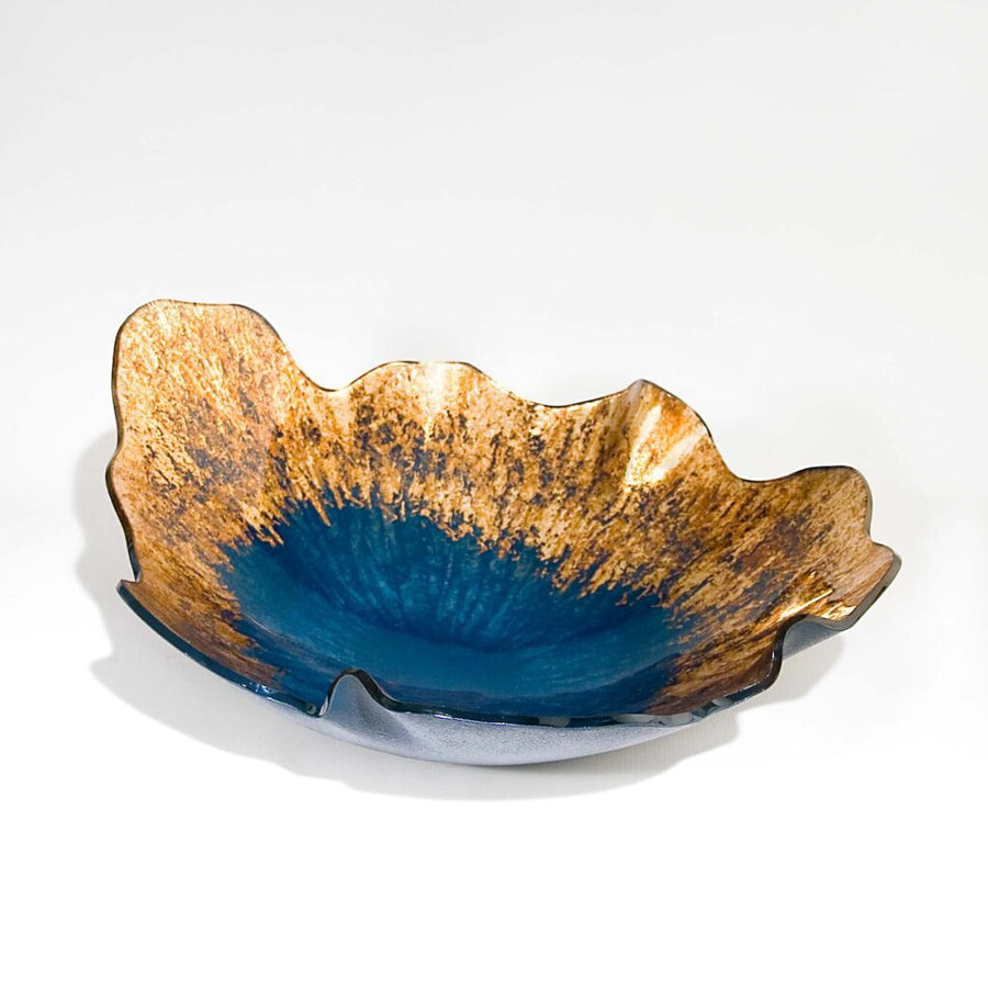 Decorative glass bowl with gold and blue design on a white background by Evans Atelier available at Spacio retail stores in Mumbai & Kolkata. 