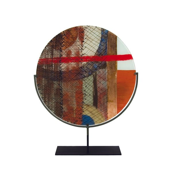 Abstract circular artwork on a stand with a white background from Evans Atelier