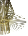 Gold pendant light fixture with a modern design on a white background