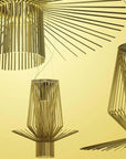 Gold pendant lights against a yellow background