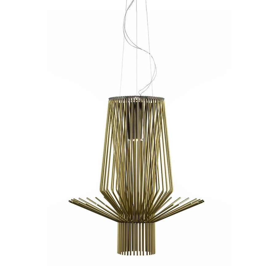 Gold finish suspension light fixture on a white background from Foscarini available at Spacio retail stores in Mumbai & Kolkata. 