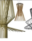 Three modern pendant lights in gold, bronze, and black on a white background