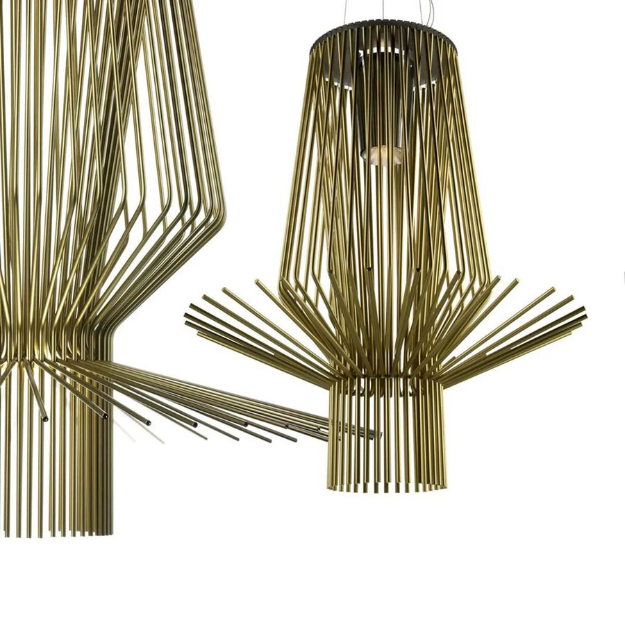 Gold chandelier with a modern design on a white background