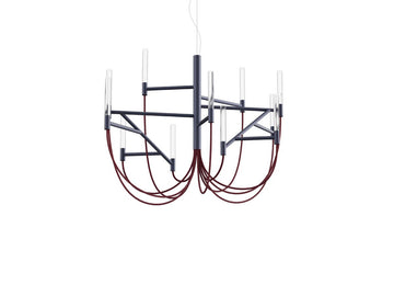 Modern chandelier with red and black design on a white background from Foscarini available at Spacio retail stores in Mumbai & Kolkata. 