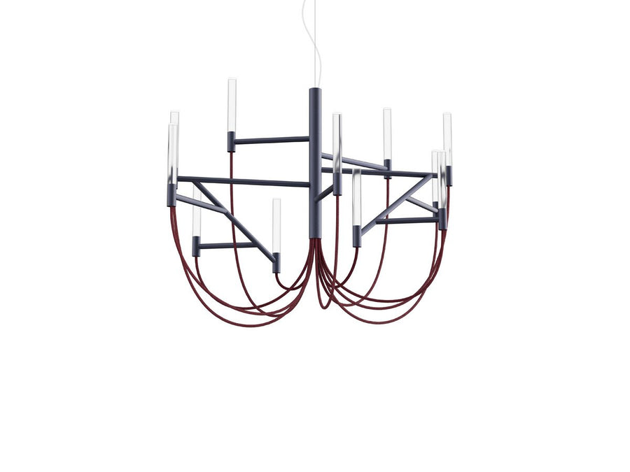 Modern chandelier with red and black design on a white background from Foscarini available at Spacio retail stores in Mumbai & Kolkata. 
