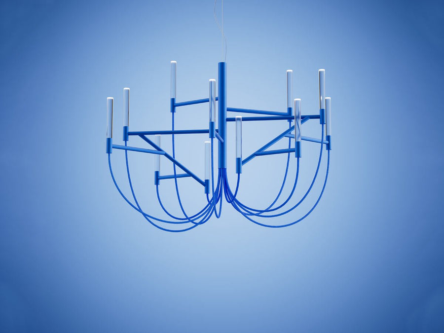 Blue modern chandelier against a blue background