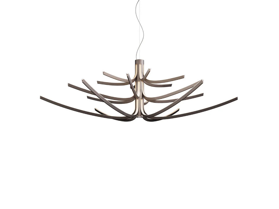 Modern chandelier with metallic finish on a white background from Foscarini available at Spacio retail stores in Mumbai & Kolkata. 