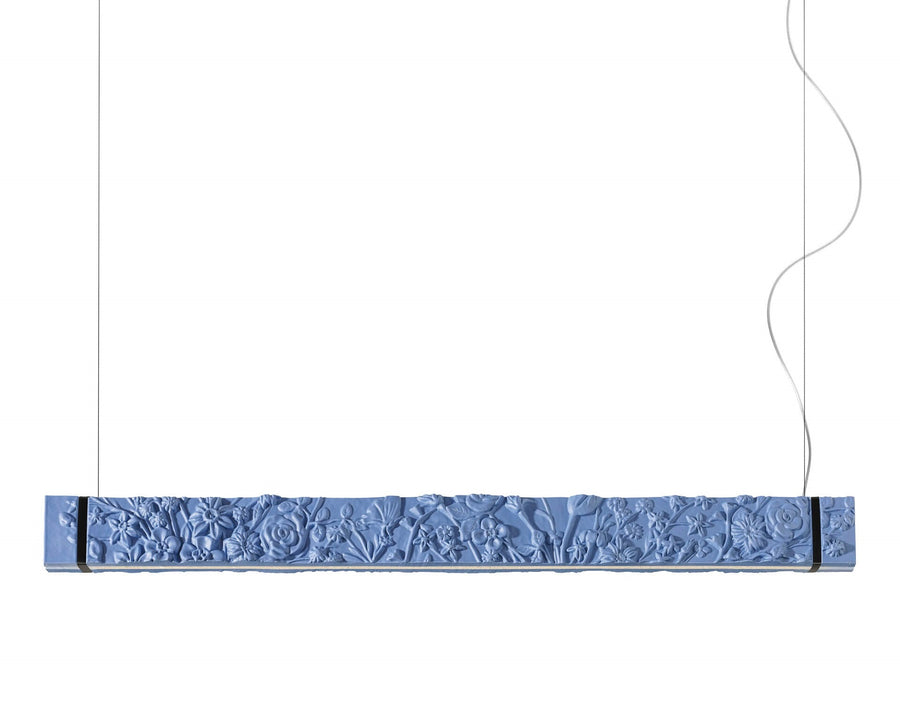 Decorative blue rectangular suspension lamp with floral patterns on a white background