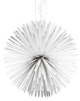 Decorative white hanging sphere with radiating spokes on a white background