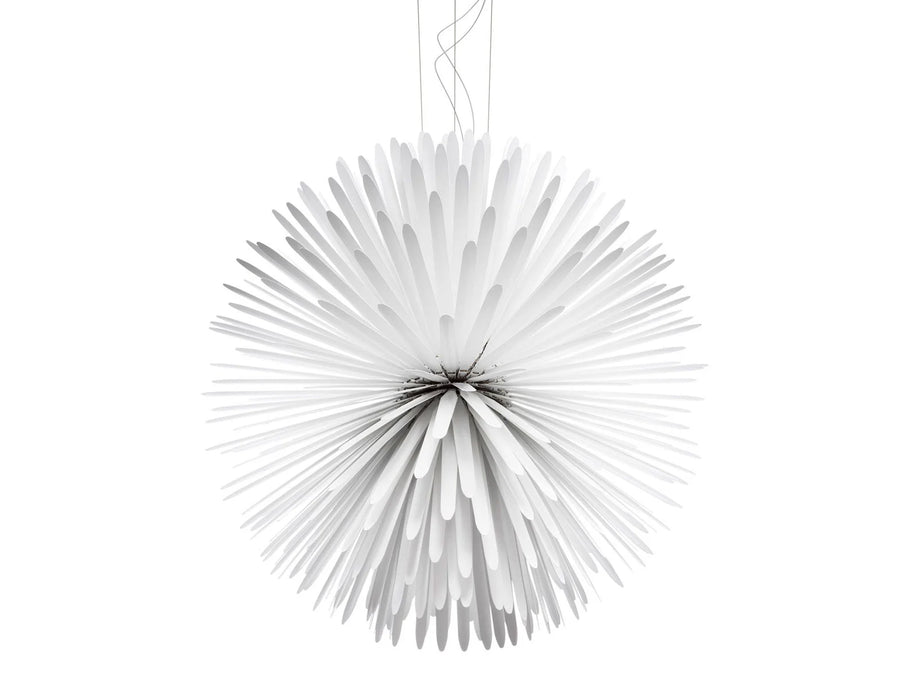 Decorative white hanging sphere with radiating spokes on a white background