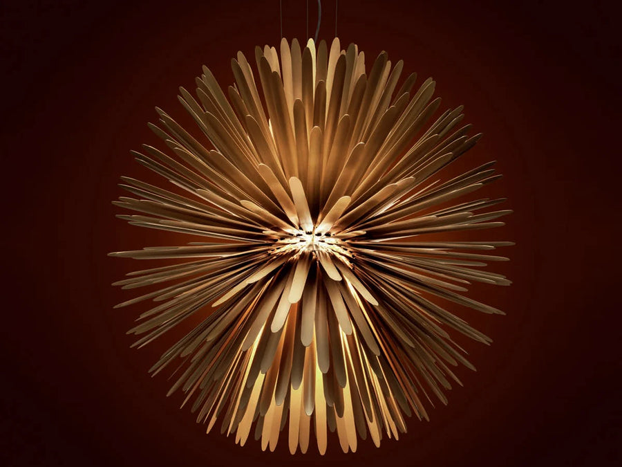 Decorative suspension light fixture with a unique design on a dark background