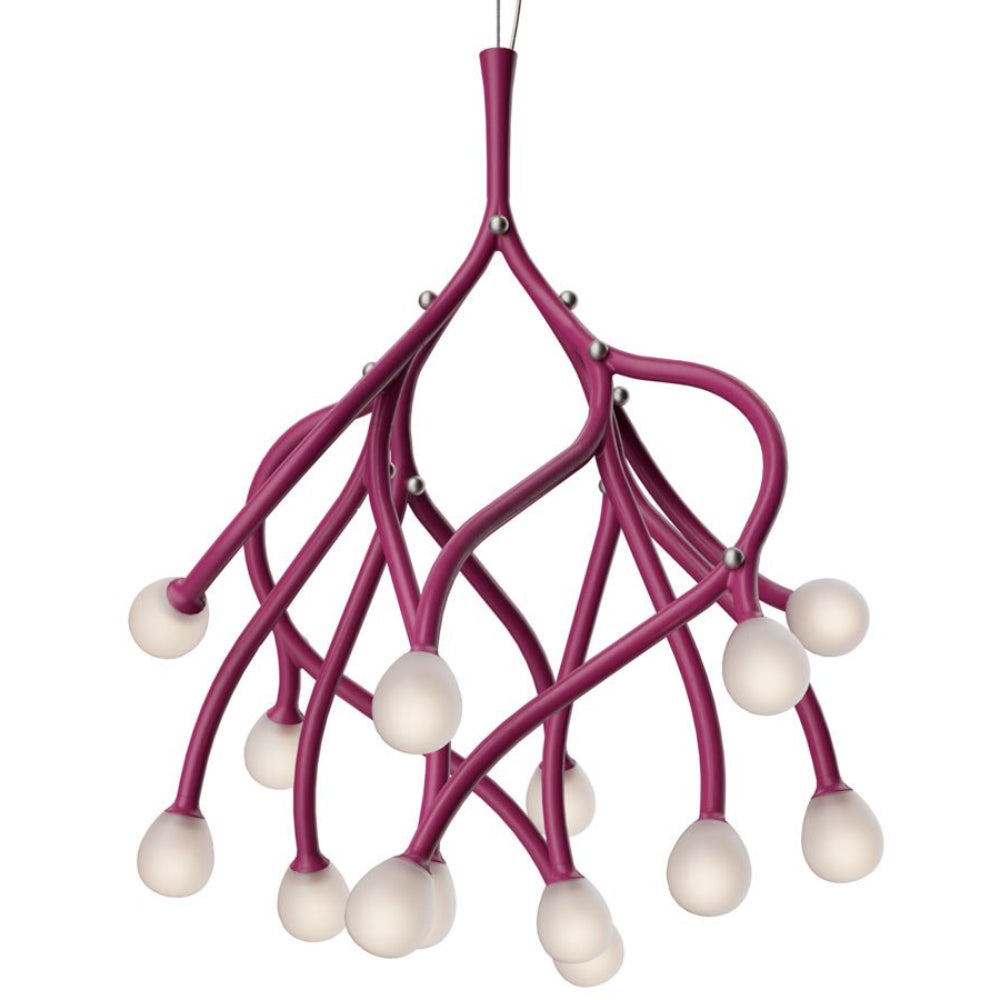 Pink chandelier with white spherical lights on a white background from Foscarini available at Spacio retail stores in Mumbai & Kolkata. 