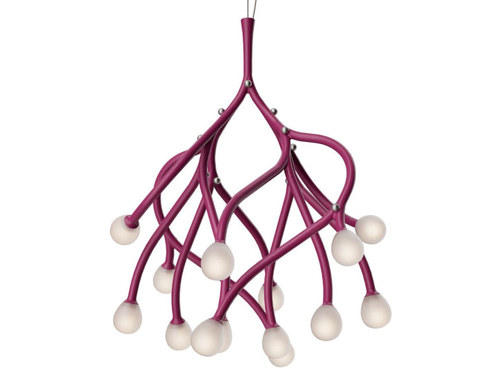 Pink chandelier with white spherical lights on a white background from Foscarini available at Spacio retail stores in Mumbai & Kolkata. 