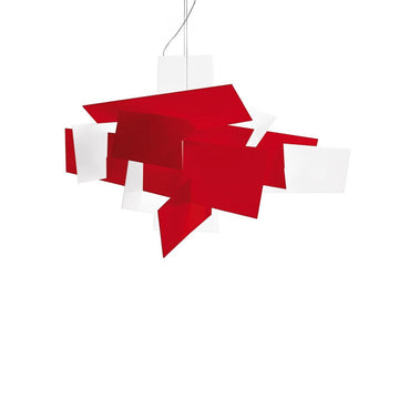 Red and white geometric pendant light on a white background from Foscarini available at Spacio retail stores in Mumbai. 