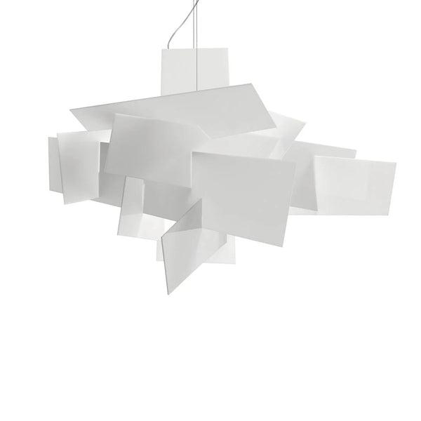 Modern white pendant lamp with geometric design on a white background from Foscarini available at Spacio retail stores in Mumbai & Kolkata. 