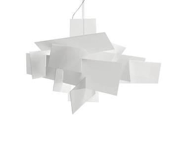 Modern white pendant lamp with geometric design on a white background from Foscarini available at Spacio retail stores in Mumbai & Kolkata. 