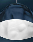 Dark blue pendant light with white interior on a dark background