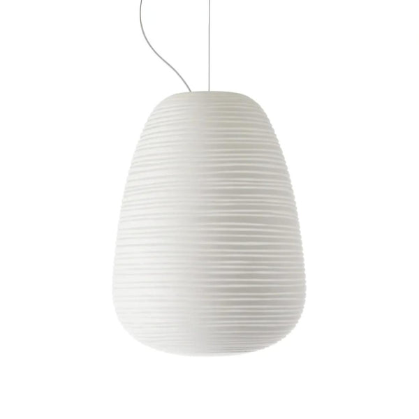 White pendant lamp with a ribbed texture on a white background from Foscarini available at Spacio retail stores in Mumbai & Kolkata. 