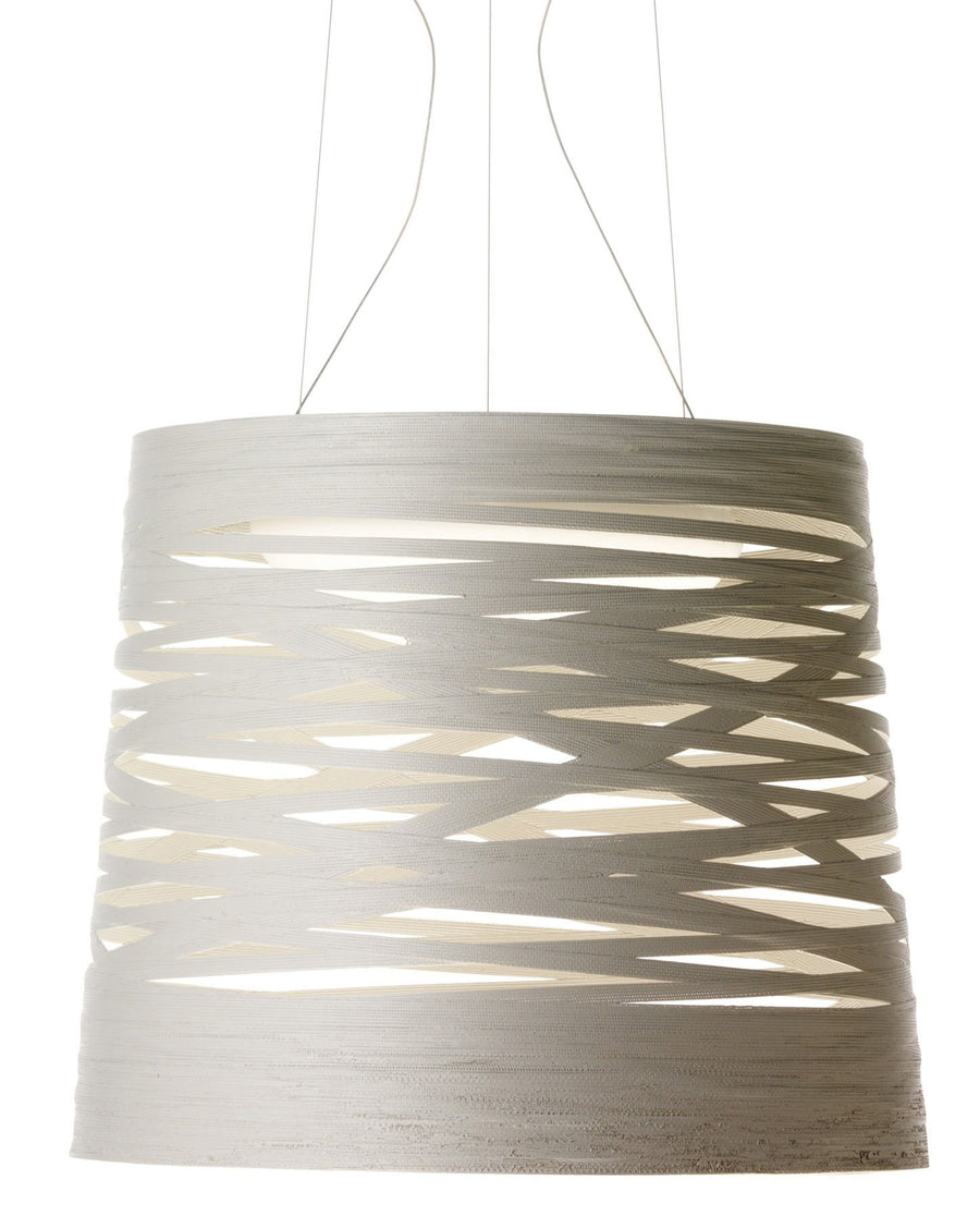 Modern pendant light with wavy design on a white background