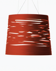 Red pendant lamp with a unique design on a white background