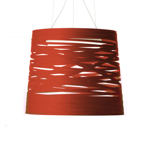Red pendant lamp with a unique design on a white background