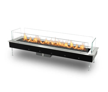 Modern gas fireplace from Planika with flames on a white background, available at Spacio retail stores in Mumbai & Kolkata. 
