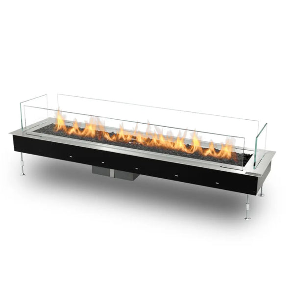 Modern gas fireplace from Planika with flames on a white background, available at Spacio retail stores in Mumbai & Kolkata. 