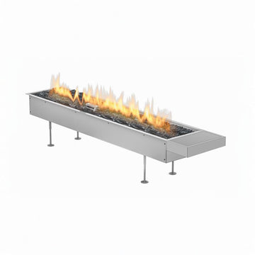Rectangular outdoor insert fire place with flames on a white background from Planika available at Spacio retail stores in Mumbai & Kolkata. 