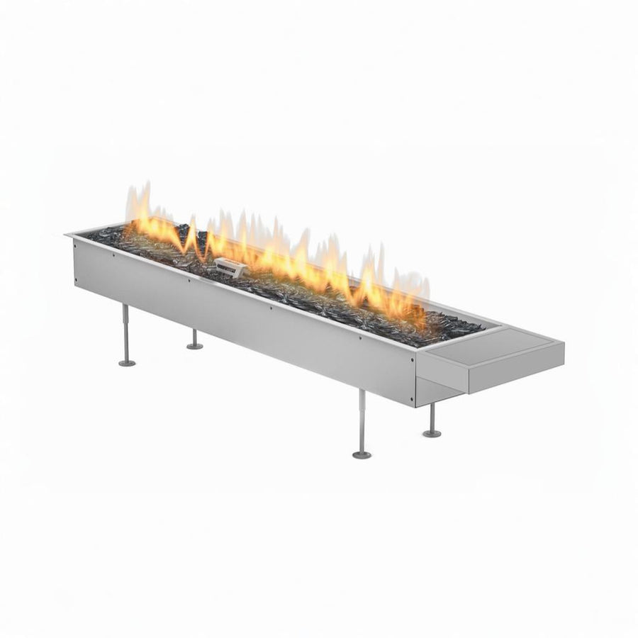 Rectangular outdoor insert fire place with flames on a white background from Planika available at Spacio retail stores in Mumbai & Kolkata. 