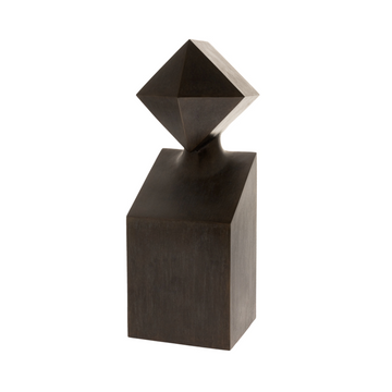 Geometric bronze sculpture with a diamond-shaped top on a white background