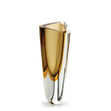 A Gardeco Glass Vase Triangle 3 Fume Amber with a gold edge, exuding contemporary refinement.