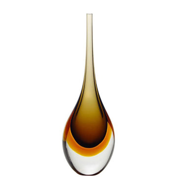 The Gardeco Glass Vase Drop Large Fume Amber is a stunning glass object with a long neck and a captivating Fume Amber dual colour finish.
