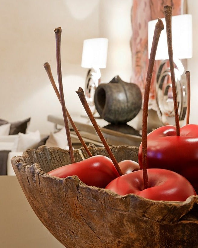 Gardeco Ceramic Sculpture Cherry Black Ginja Mini apples in a wooden fruit bowl.