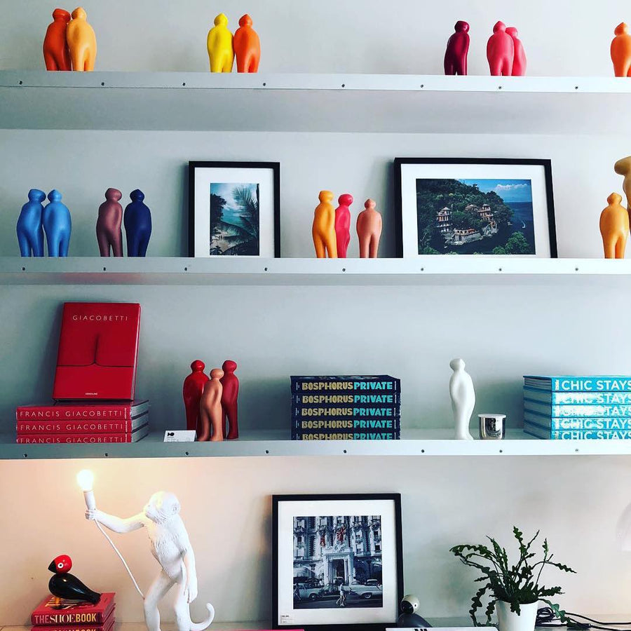 A shelf full of Gardeco Ceramic Sculpture Visitor Small Red Urucum figurines and art books.