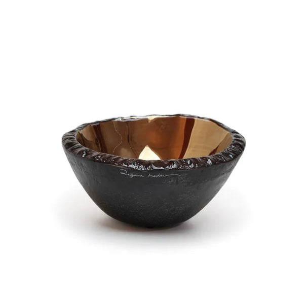 Gardeco P Bronze Bowl with molten bronze glass interior and black textured exterior, hand made by Gardeco, now available at Spacio India for luxury home styling.
