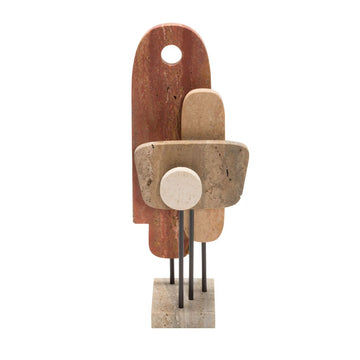 Abstract sculpture with geometric shapes in travertine marble on a white background from Giobagnara at Spacio Mumbai store. 