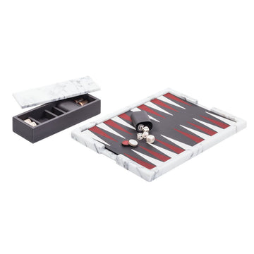 Luxury backgammon board game by Giobagnara, featuring a white marble tray with a reversible leather inlay and a leather box for accessories