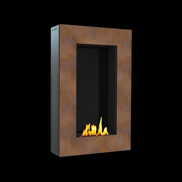 A modern linear wall fireplace with a textured rust-brown metal frame and a black interior, featuring yellow and orange flames, shown against a solid black background.