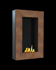 A modern linear wall fireplace with a textured rust-brown metal frame and a black interior, featuring yellow and orange flames, shown against a solid black background.