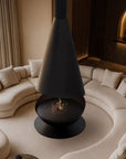 Modern living room with a black freestanding fireplace in the center.